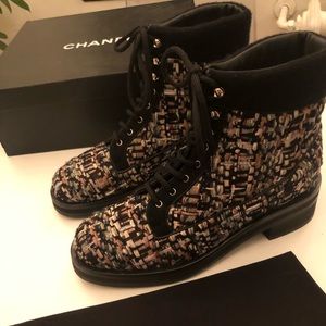 Chanel Lace Up Tweed Boots